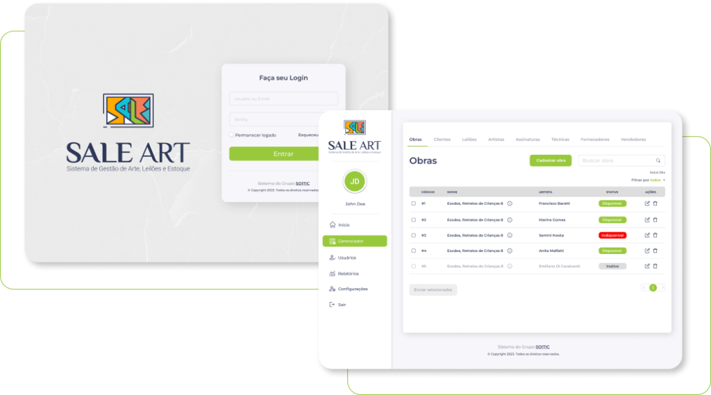 SaleArt: Tela de login e gerenciamento de obras