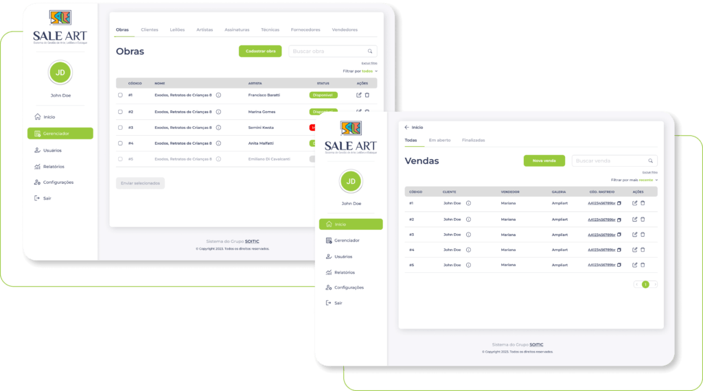SaleArt: Tela de gerenciamento de obras e vendas