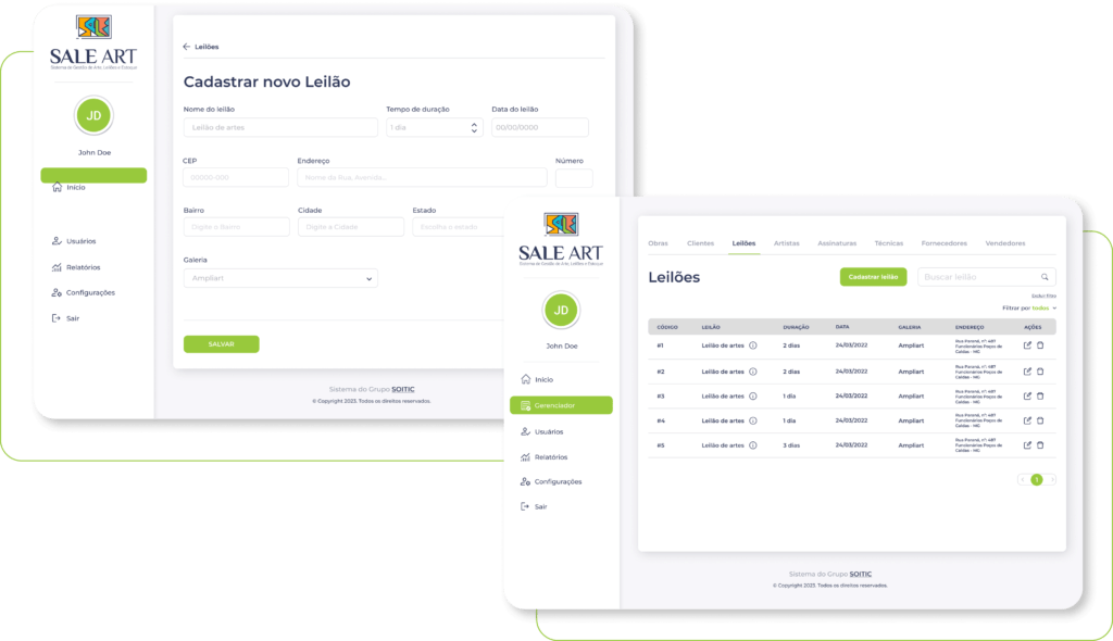 SaleArt: Telas de gerenciamento e criação de leilões